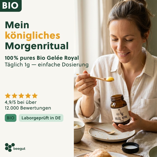 This static square ad features a woman enjoying a spoonful of organic Royal Jelly, highlighting its pure nature and positive customer reviews.